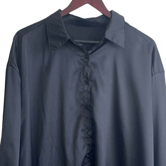 Satiny Women Top XL‎ Black Button Up High Low Hem Witchy Goth Punk Rocker Disco - Picture 7 of 10